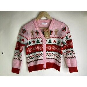 Primark Girls Christmas Pink Red Long Sleeve Button Up Cardigan Sweater Size 8-9